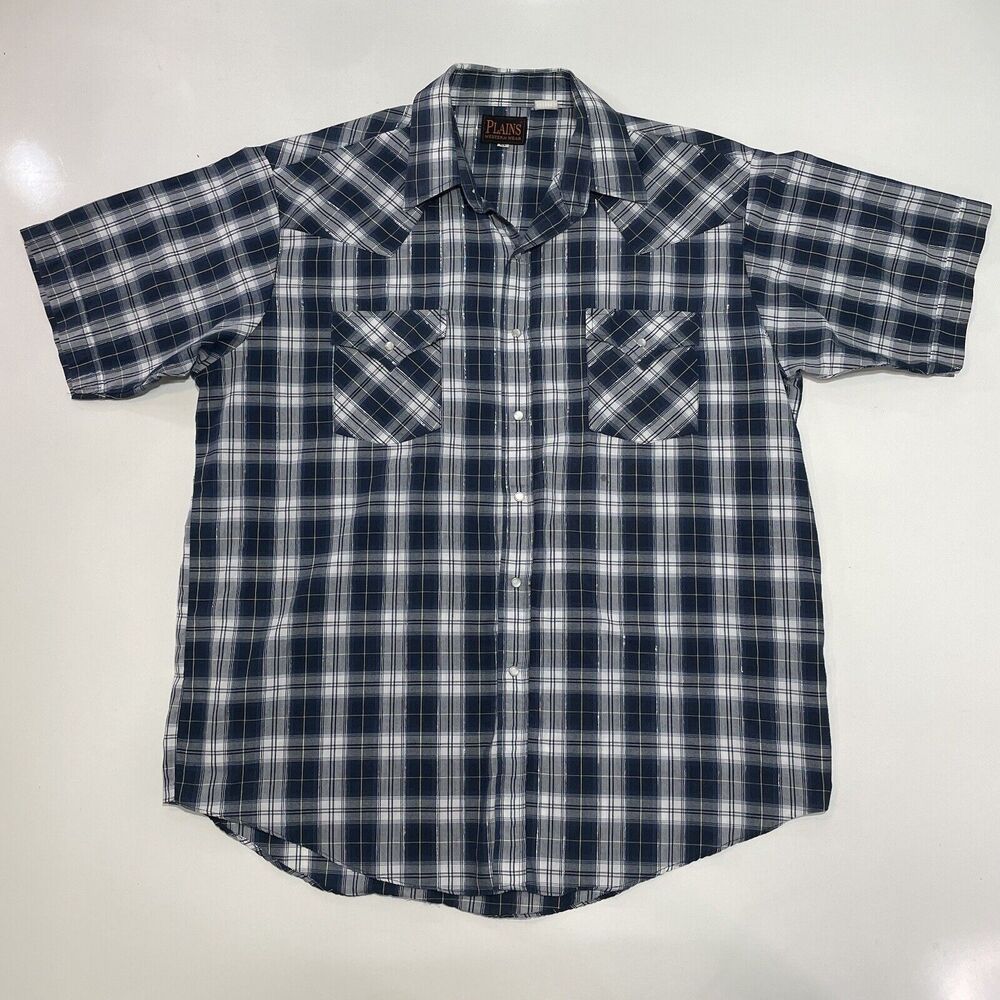 VTG Plains Men’s Western Pearl Snap Shirt Cotton Silver Thread Blue Checks XL